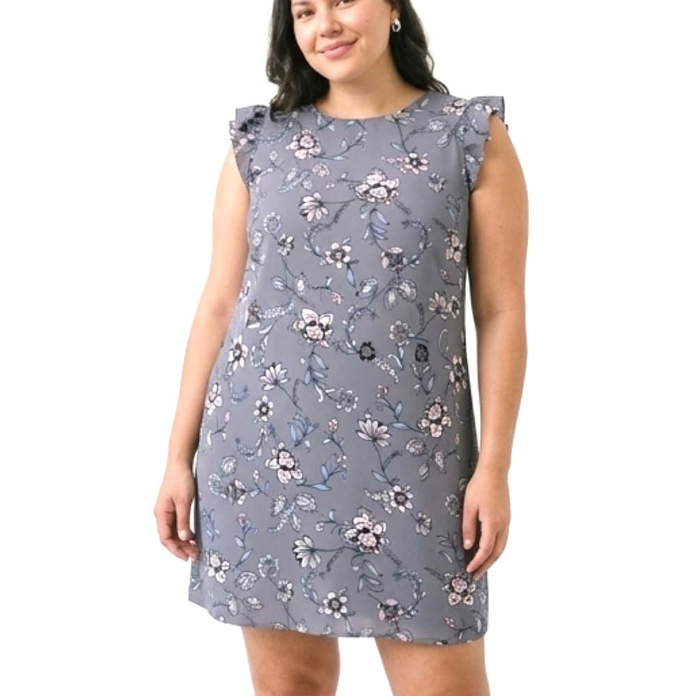 Loft Plus Floral Ruffle Shoulder Sleeveless Shift Dress Blue Gray Size 22